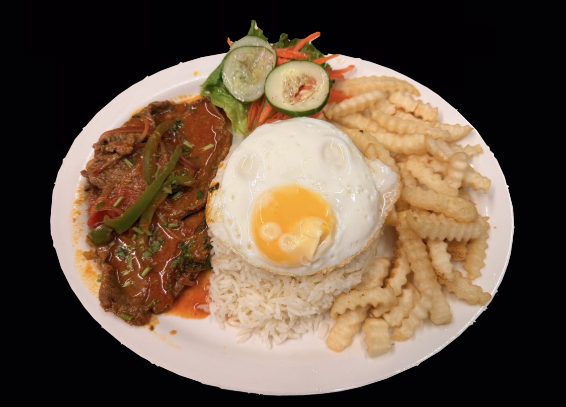 Churrasco ecuatoriano con arroz, huevo y papas fritas