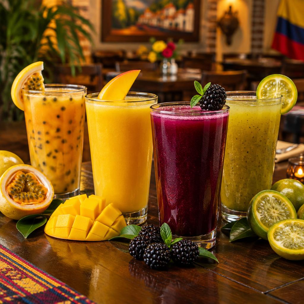 Jugos naturales de maracuyá, mango, mora y lulo en vasos altos
